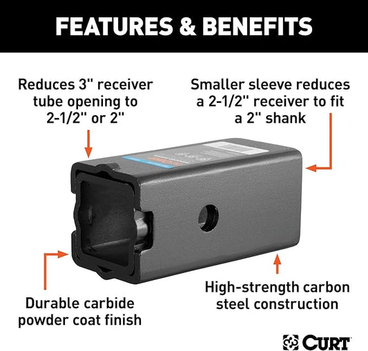 CURT 45408 Trailer Hitch Receiver Adapter Reducer Sleeve Set, 3 to 2-12 or 2-Inch, 2-Piece, Black