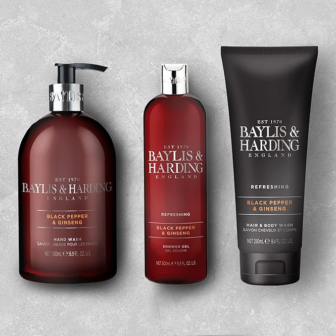 Baylis  Harding Liquid Hand Soap Wash with Dispenser, Black Pepper  Ginseng for Men, 16.9oz500ml
