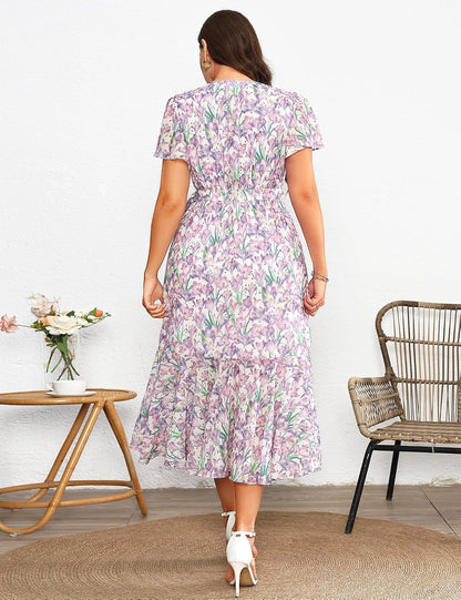 EYWOL Plus Size Wedding Guest Dress for Women, Floral Chiffon Midi Wrap Dress, Flutter Sleeve High Waist Flowy Summer Dresses