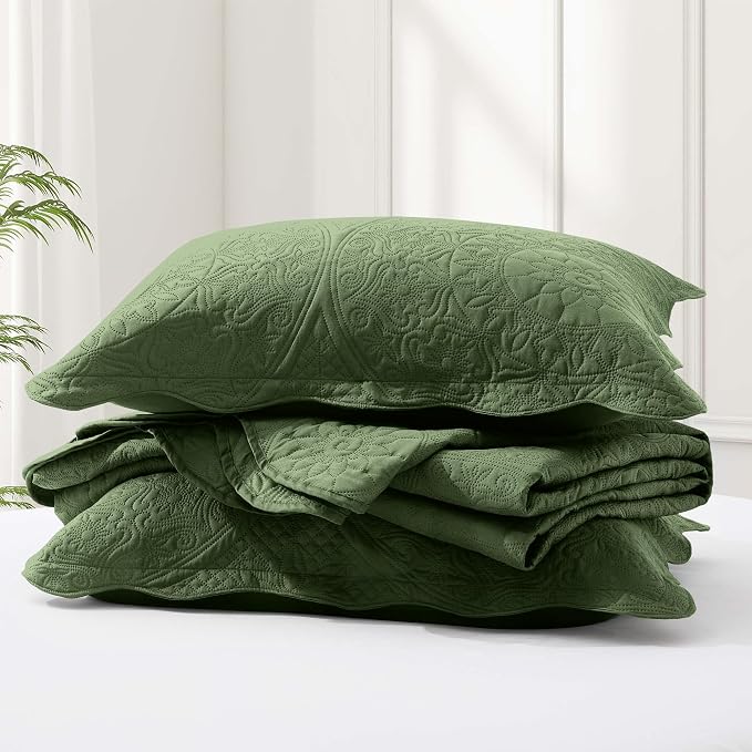IR Imperial Rooms King Quilt Bedding Set Olive Green Bedspread Coverlet Soft Microfiber Lightweight All-Season Quilts Comforter, Ultrasonic Embossed Floral Pattern, Scalloped Edge, 3 Piece 106x96in