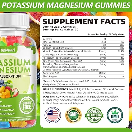 Potassium Magnesium Supplement Gummies for Adults Kids, Sugar-Free Potassium Gummies Supports Leg Cramps  Muscle  Immune Health, High Absorption Vegan Magnesium Gummies 5 Fruit Flavor 60 Cts