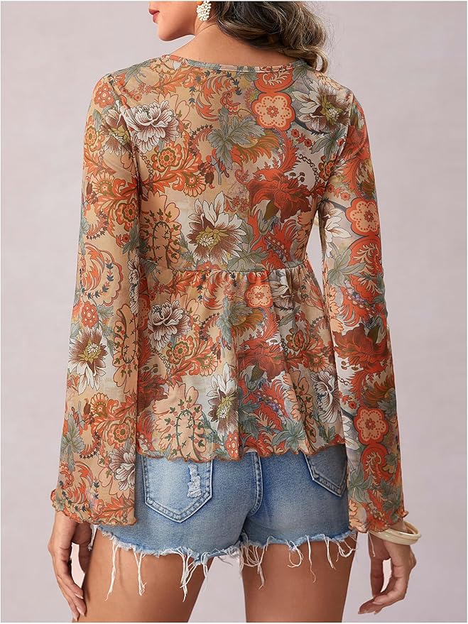 Milumia Women's Floral Print Mesh Bell Sleeve Peplum Tee Top V Neck Knot Front T-Shirts