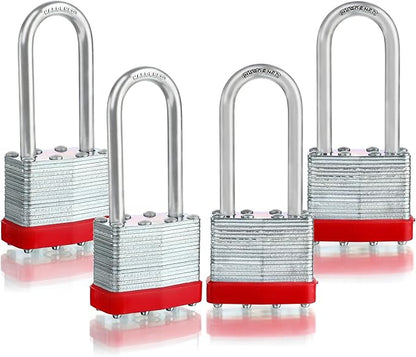 Pack of 4 Keyed-Alike Padlocks with Same Keys Long Shackle Hardened Steel Padlock with 8 Keys for Sheds Gates Fences Toolbox