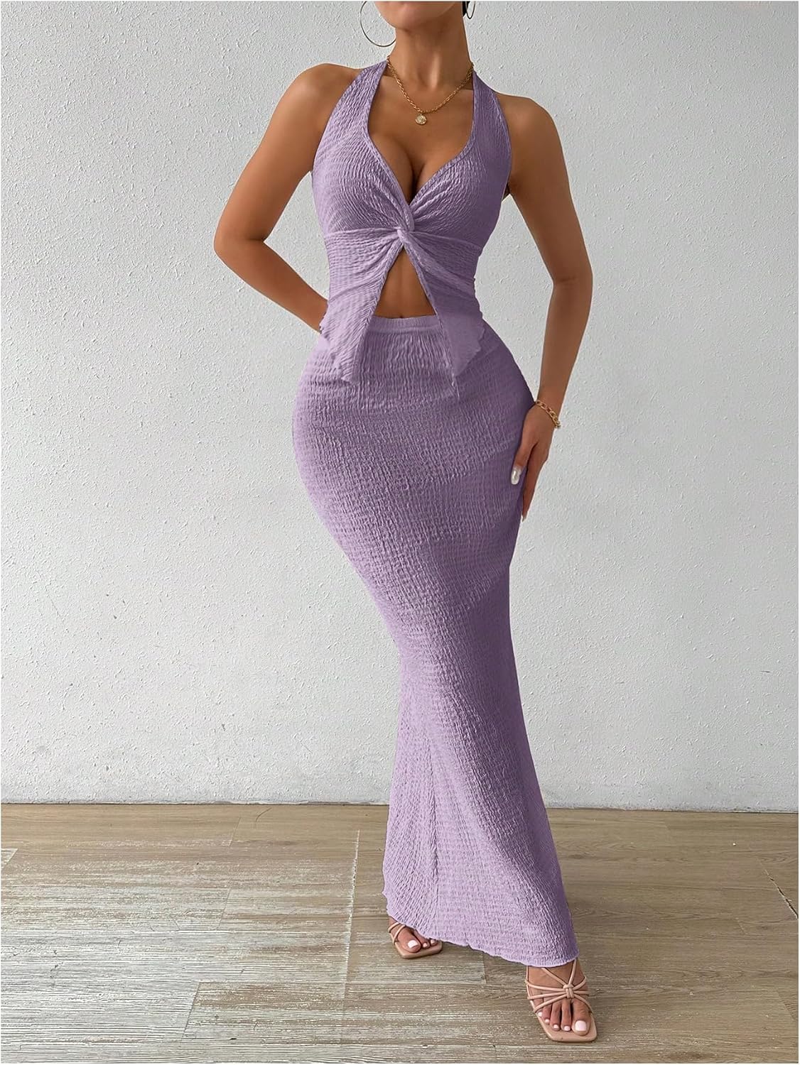 SOLY HUX Women's Two Piece Outfits Twist Front Halter Cami Tops and Skirt Summer Set