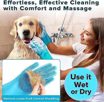 Pet Republique Silicone Bathing Gloves for Dogs, Cats, & Most Animals – Long Sleeve Grooming Glove with Foam Scrubbing Bristles