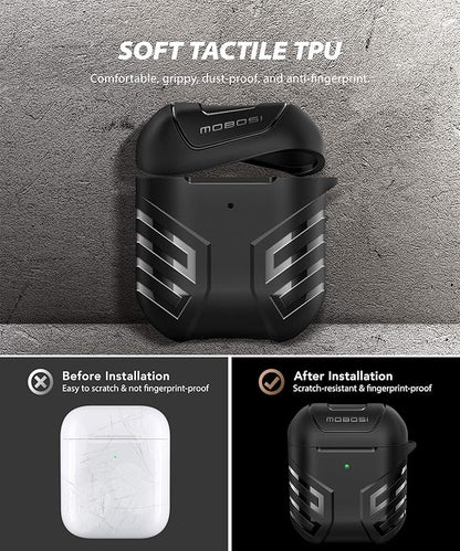 MOBOSI Military Cover Designed for AirPods 2  1, Full-Body Protective Vanguard Armor Series Case with Keychain, Wireless Charging Case, Black Front LED Visible