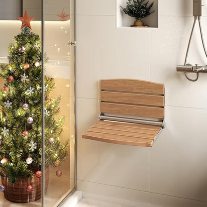 DWVO Folding Shower Seat Wall Mounted, Fold Down Shower Bench, Home Care Folding Shower Chair for Seniors,Disables,Pregnants Teak