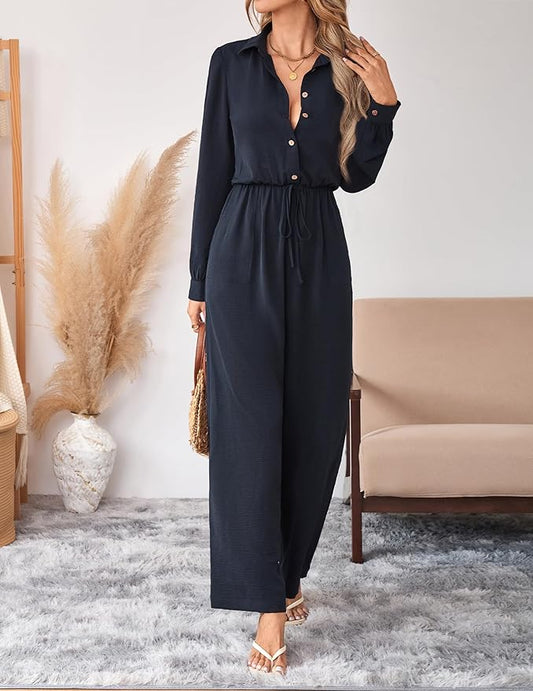 Womens Dressy Jumpsuits Casual One Piece Outfit Button Long Sleeve Wrap Drawstring Waist Wide Leg Long Pants Romper