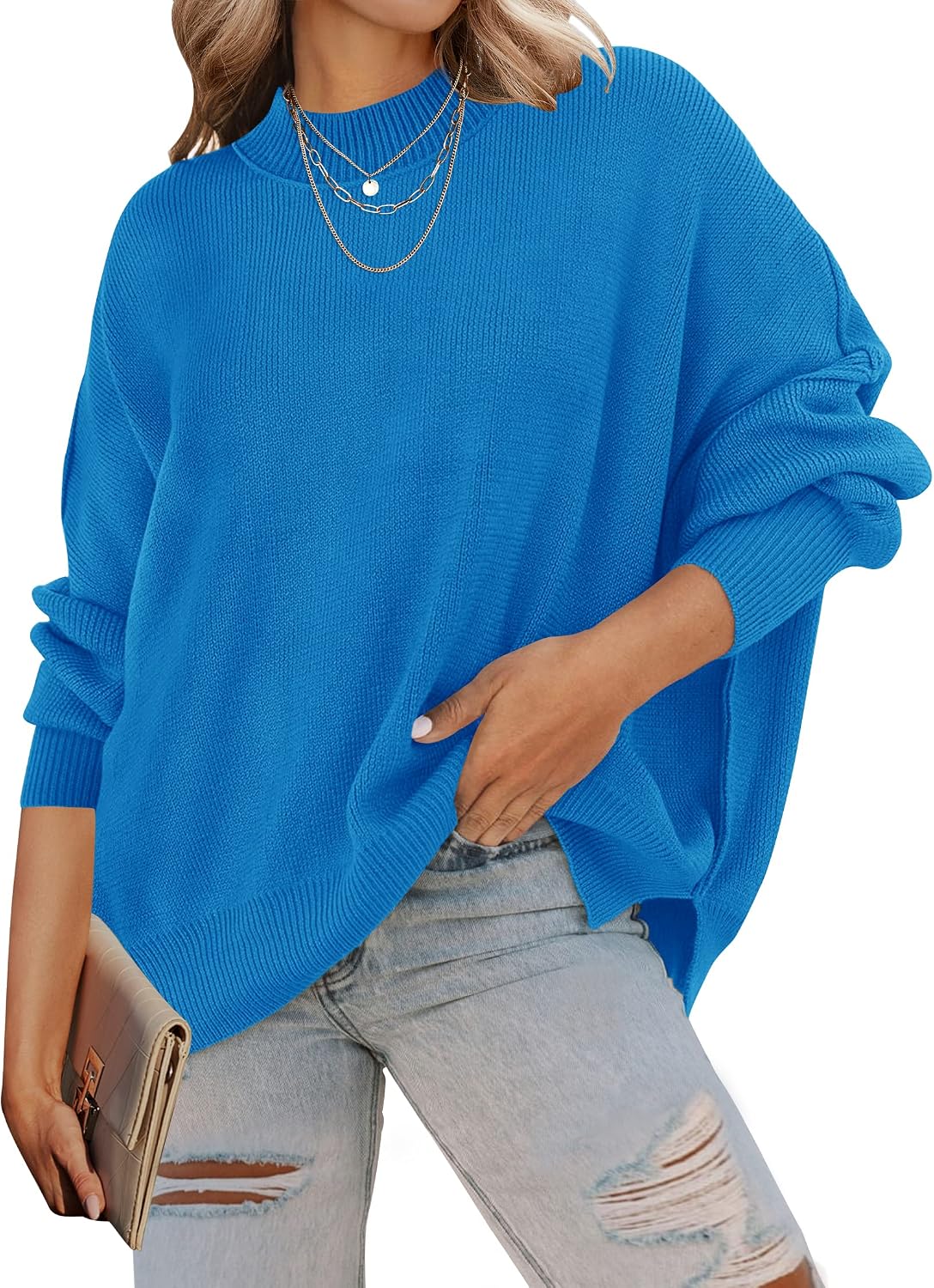Women's Fall 2026 Casual Long Sleeve Crew Neck Side Slit Oversized Ribbed Knit Pullover Sweater Tops