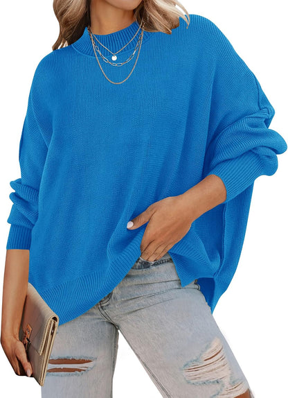 Women's Fall 2026 Casual Long Sleeve Crew Neck Side Slit Oversized Ribbed Knit Pullover Sweater Tops