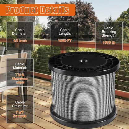 000FT 1/8" Stainless Steel Cable for Deck Cable Railing System,Premium T316 Aircraft Cable Kits,7x7 Strands Construction Braided Stainless Wire, 1/8" Wire Rope Cable with a Cutter,DIY Balustrades