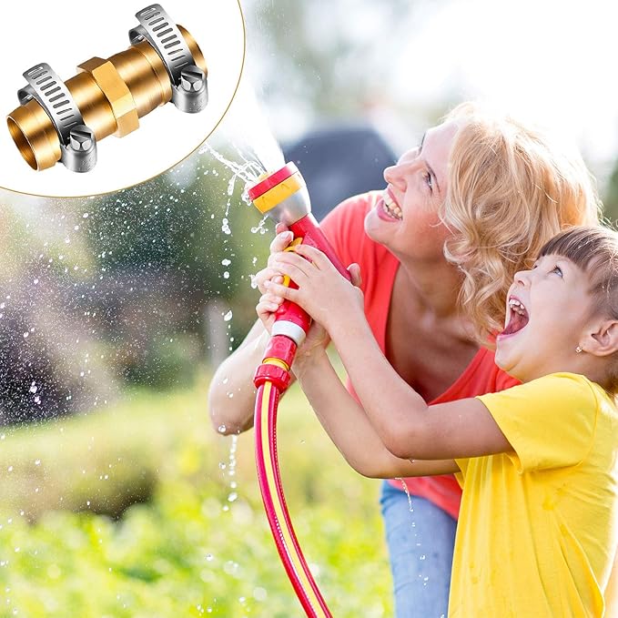 4 Pieces 34 Inch Garden Hose Repair Mender Solid Brass Water Hose Connector Splicer Mender with 8 Pieces Stainless Steel Tightening Clamp and Seal Tape
