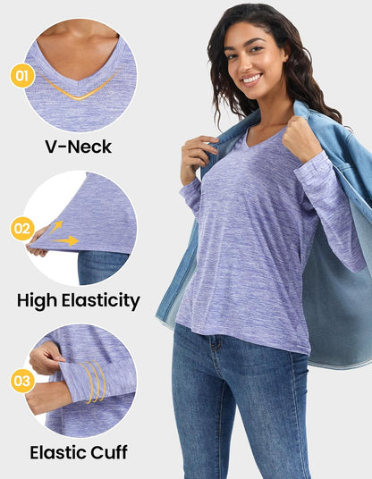 Moisture Wicking Shirts for Women Quick Dry Athletic Running Long Sleeve T Shirts Womens V Neck Workout Tops
