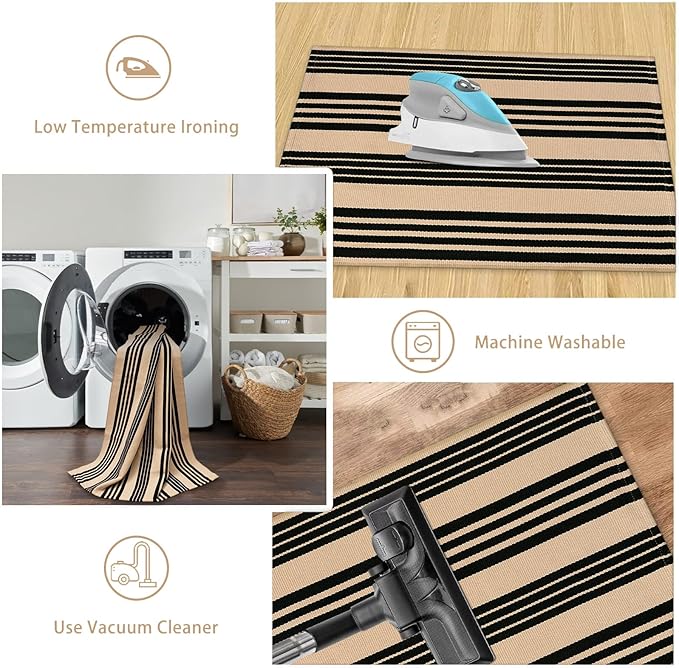Striped Outdoor Front Door Mat 24"x51", Cotton Hand Woven Washable Black and Khaki Rug Runner, Reversible Foldable Indoor Layered Front Door Rugs for EntrywayFarmhouseHome Entrance