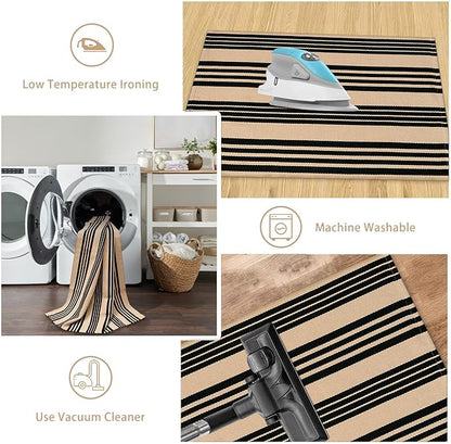 Striped Outdoor Front Door Mat 24"x51", Cotton Hand Woven Washable Black and Khaki Rug Runner, Reversible Foldable Indoor Layered Front Door Rugs for EntrywayFarmhouseHome Entrance