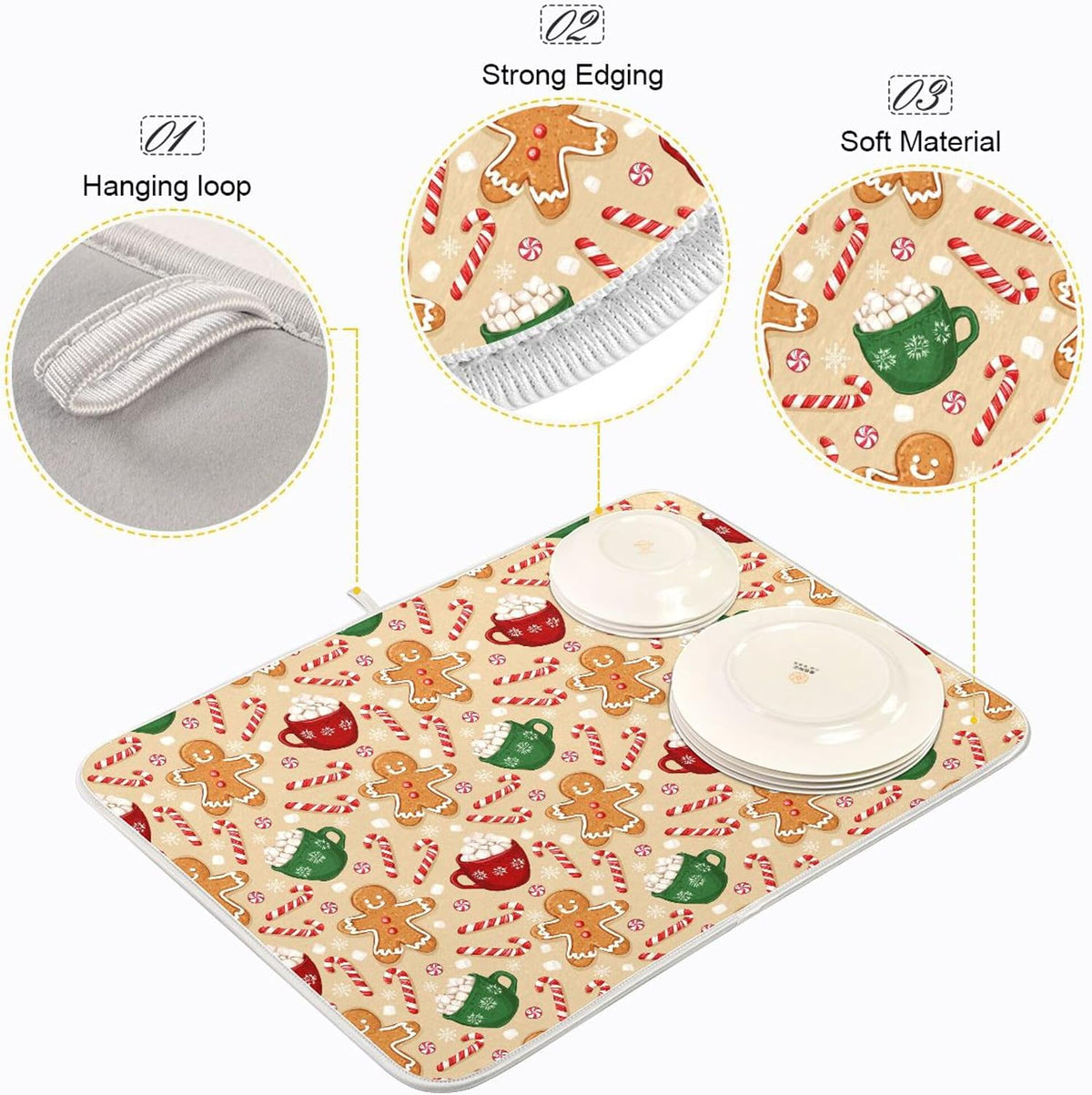 Christmas Gingerbread Man Candy Cane Dish Drying Mat for Kitchen Winter Snow Snowflake Snowman Xmas Microfiber Drying Mats Absorbent Reversible Dish Pad Medium Dish Draining Mat 16x18 inch
