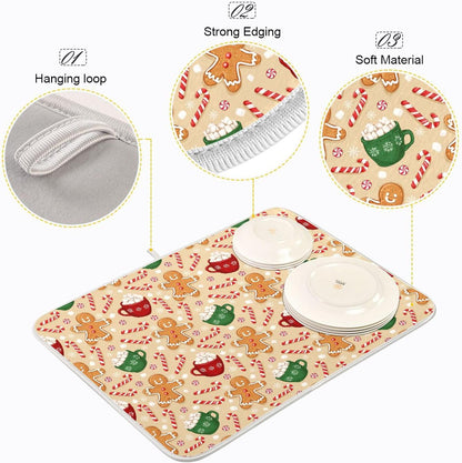 Christmas Gingerbread Man Candy Cane Dish Drying Mat for Kitchen Winter Snow Snowflake Snowman Xmas Microfiber Drying Mats Absorbent Reversible Dish Pad Medium Dish Draining Mat 16x18 inch