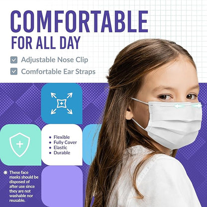 Medtecs Kids Face Mask Disposable - 2 Sizes Option (ChildYouth) - Comfy 3-Ply Breathable Children Masks, The Better Choice - Youth  White