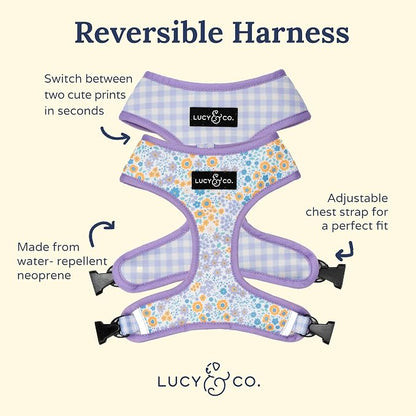 Lucy & Co. Reversible Dog Harness - Water-Repellent Neoprene, Dual-Print Design, Easy Swap Style, Adjustable Comfort Fit - Among Wildflowers Reversible Harness - Medium