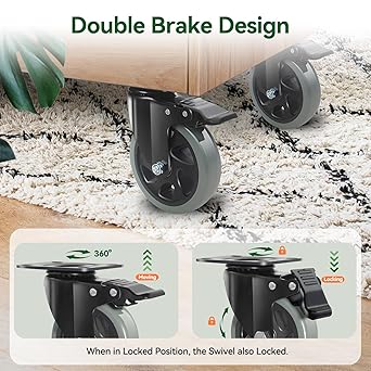 5 Inch Caster Wheels, Casters Set of 4 Heavy Duty, BZOLIHEU Locking Casters, Silent Top Plate Swivel Caster with Brake, Grey Polyurethane Castor Wheels for Furniture and Workbench Cart