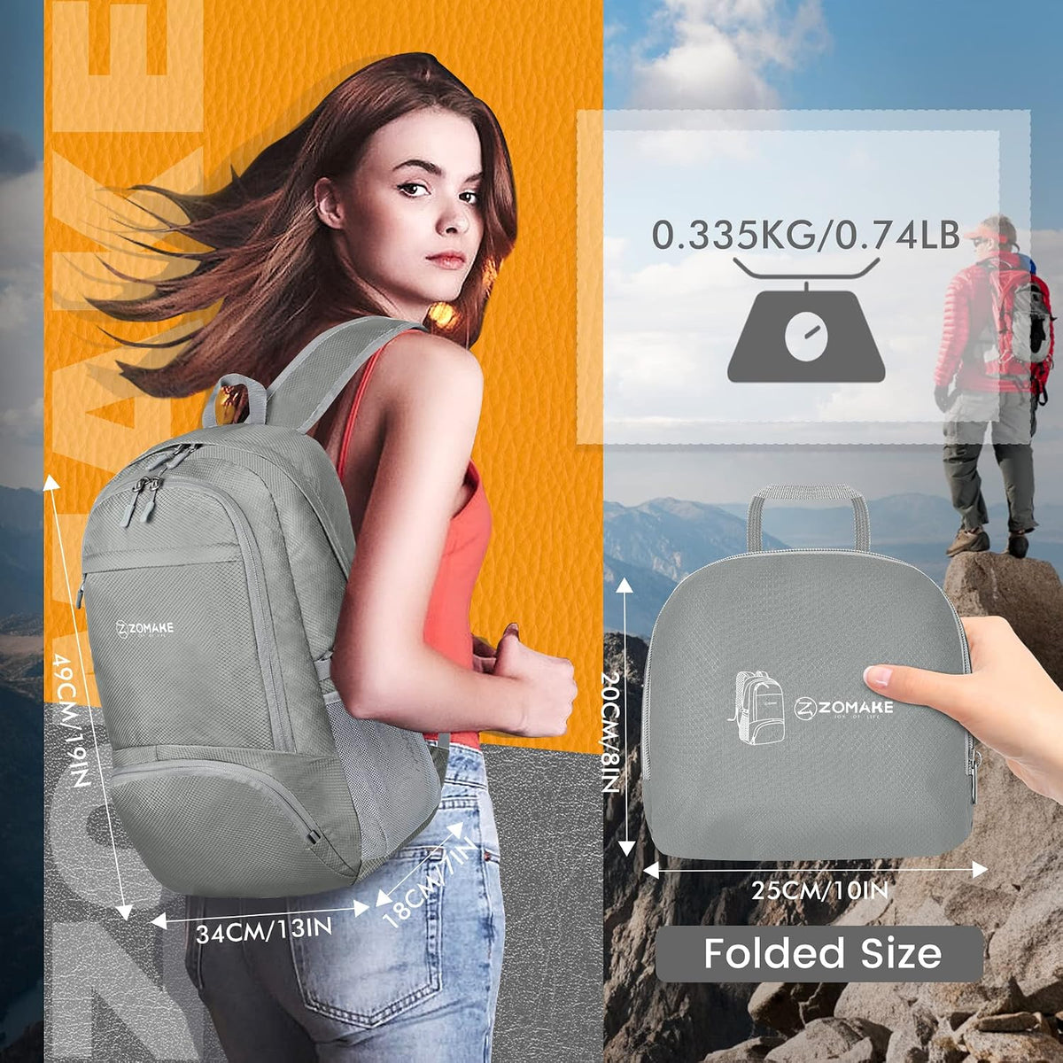 ZOMAKE Lightweight Packable Backpack 30L, Foldable Hiking Backpacks Water Resistant Compact Folding Daypack for Travel(Sliver Grey)