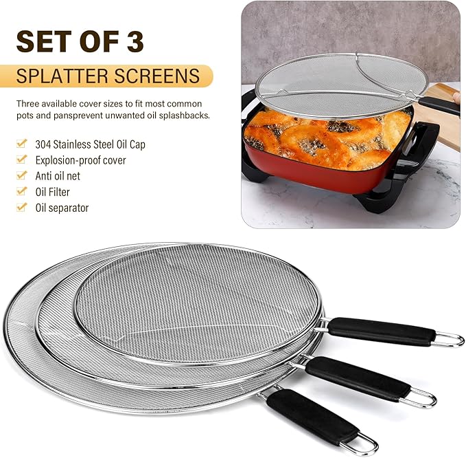 Splatter Screen for Frying Pan 13" 11.5" 9.8" Stainless Steel Fine Mesh Grease Splatter Guard with Comfort Silicone Handles and Resting Feet for Prevent Oil Splatter Safe Cooking