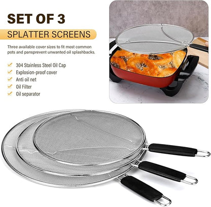 Splatter Screen for Frying Pan 13" 11.5" 9.8" Stainless Steel Fine Mesh Grease Splatter Guard with Comfort Silicone Handles and Resting Feet for Prevent Oil Splatter Safe Cooking