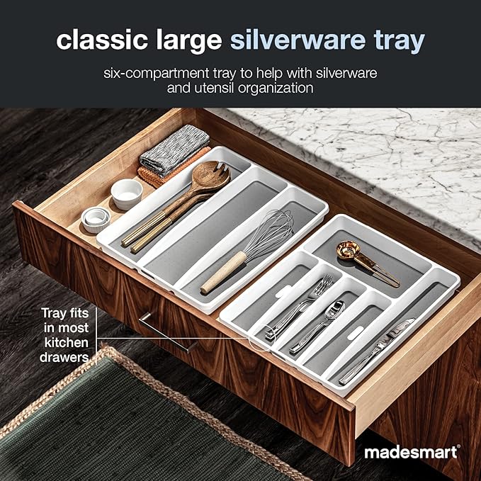 madesmart Classic Large Silverware Tray - White CLASSIC COLLECTION  6-Compartments Kitchen Drawer Organizer  Soft-Grip Lining and Non-Slip Rubber Feet  BPA-Free
