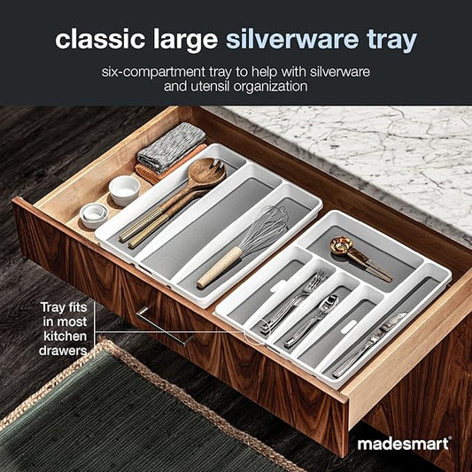 madesmart Classic Large Silverware Tray - White CLASSIC COLLECTION  6-Compartments Kitchen Drawer Organizer  Soft-Grip Lining and Non-Slip Rubber Feet  BPA-Free