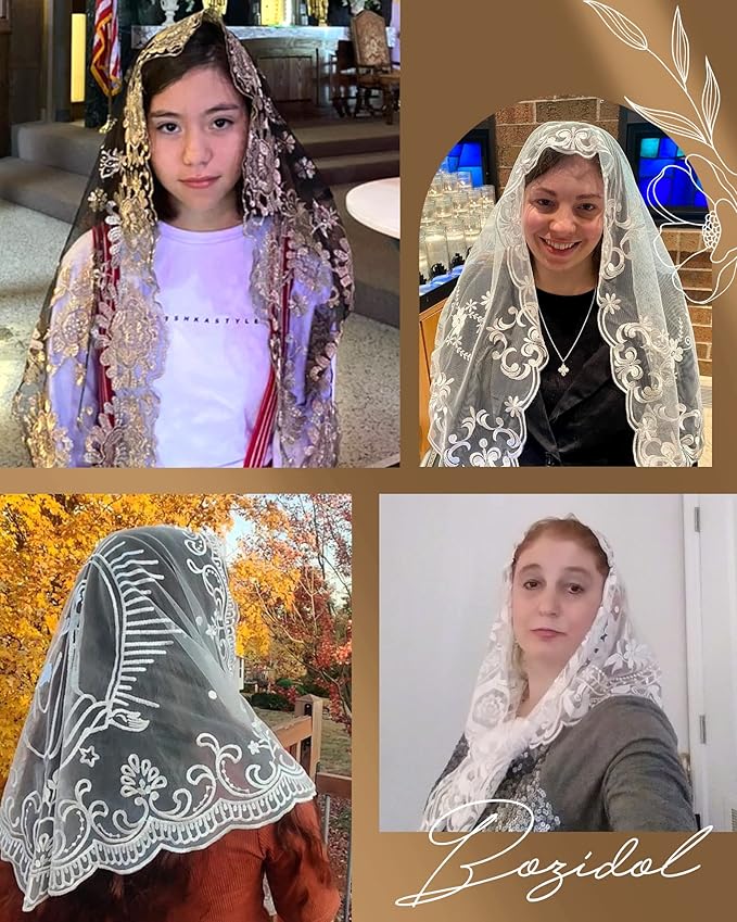 Bozidol Church Mantilla - Catholic Veil With Triangle Holy Virgin Embroidery - Traditional Mass Chapel Veil