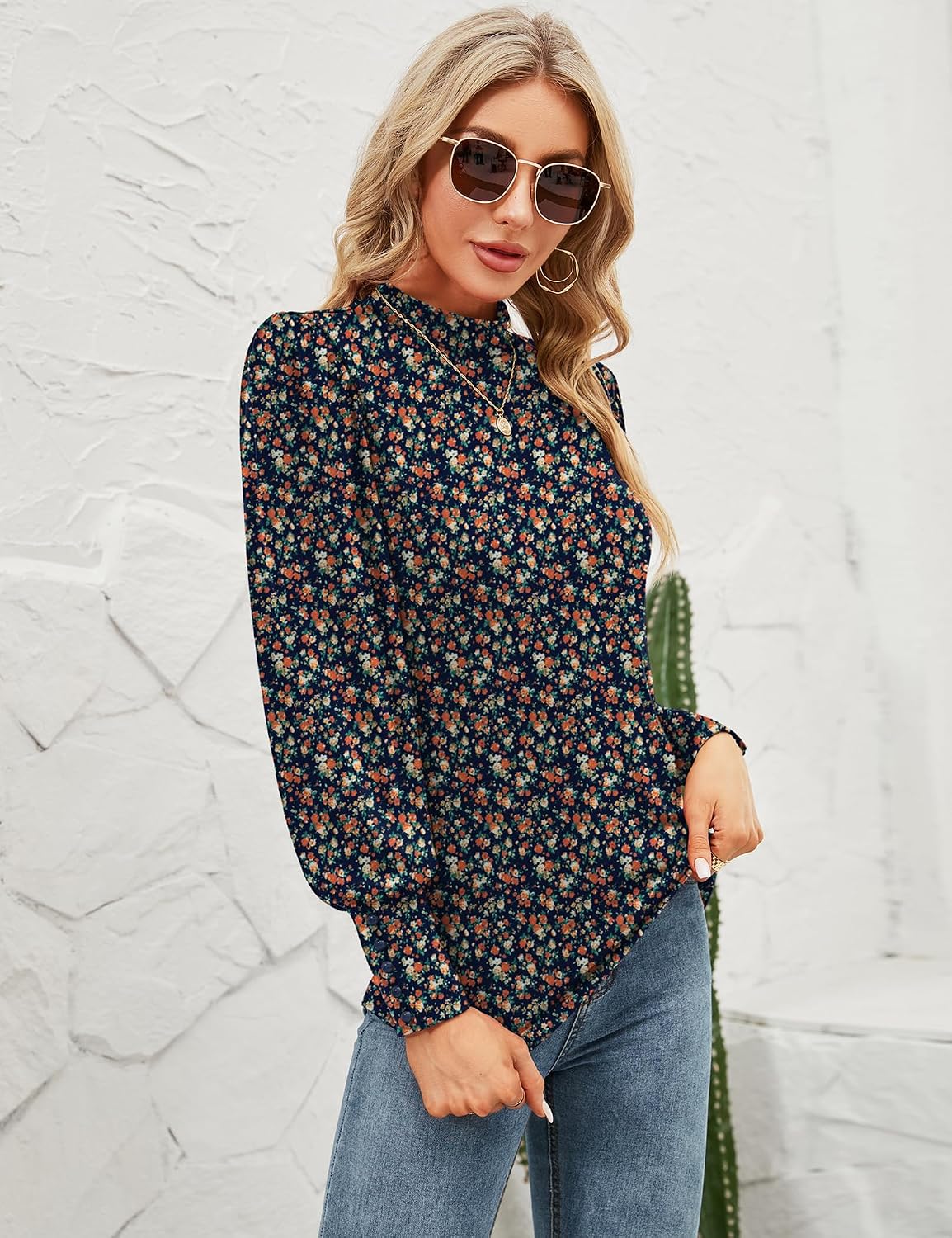 Qirno Womens Mock Neck Puff Long Sleeve Tops Casual Loose Solid Basic T Shirt Button Cuffs Pullovers Shirts Blouse No Buttons On The Sleeves But With Ruffles