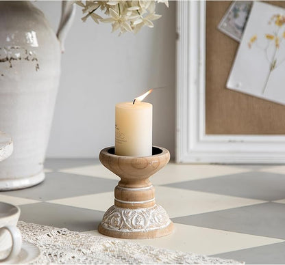 SOFE Farmhouse Wood Candle Holder, Handmade Pillar Candle Holders Brown Rustic Candle Stand Decorative, Candle Pedestal for Coffee Table, Living Room, Room Decor Aesthetic