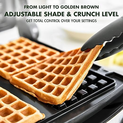 GreenPan Elite 4-Square Belgian & Classic Waffle Iron, Healthy Ceramic Nonstick Aluminum Dishwasher Safe Plates, Adjustable Shade/Crunch Control, Wont Overflow, Easy Cleanup Breakfast, PFAS-Free,Black