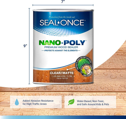 SEAL-ONCE Nano+Poly Wood Sealer and Waterproofer, Clear, 1 Gallon With Polyurethane, Water-based, Low-VOC, Waterproofer & Stain, For Decks, Fences & Log Homes