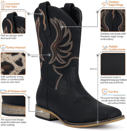 Rollda Kids Cowboy Boots for Boys Girls Western Square Toe Cowgirl Boots with Walking Heel (Toddler/Little Kid/Big Kid)