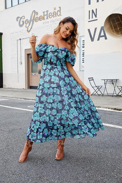 Women Floral Maxi Dress Short Puff Sleeve V Neck Bohemian Flowy Dress Smocked Casual Spring Summer Dresses