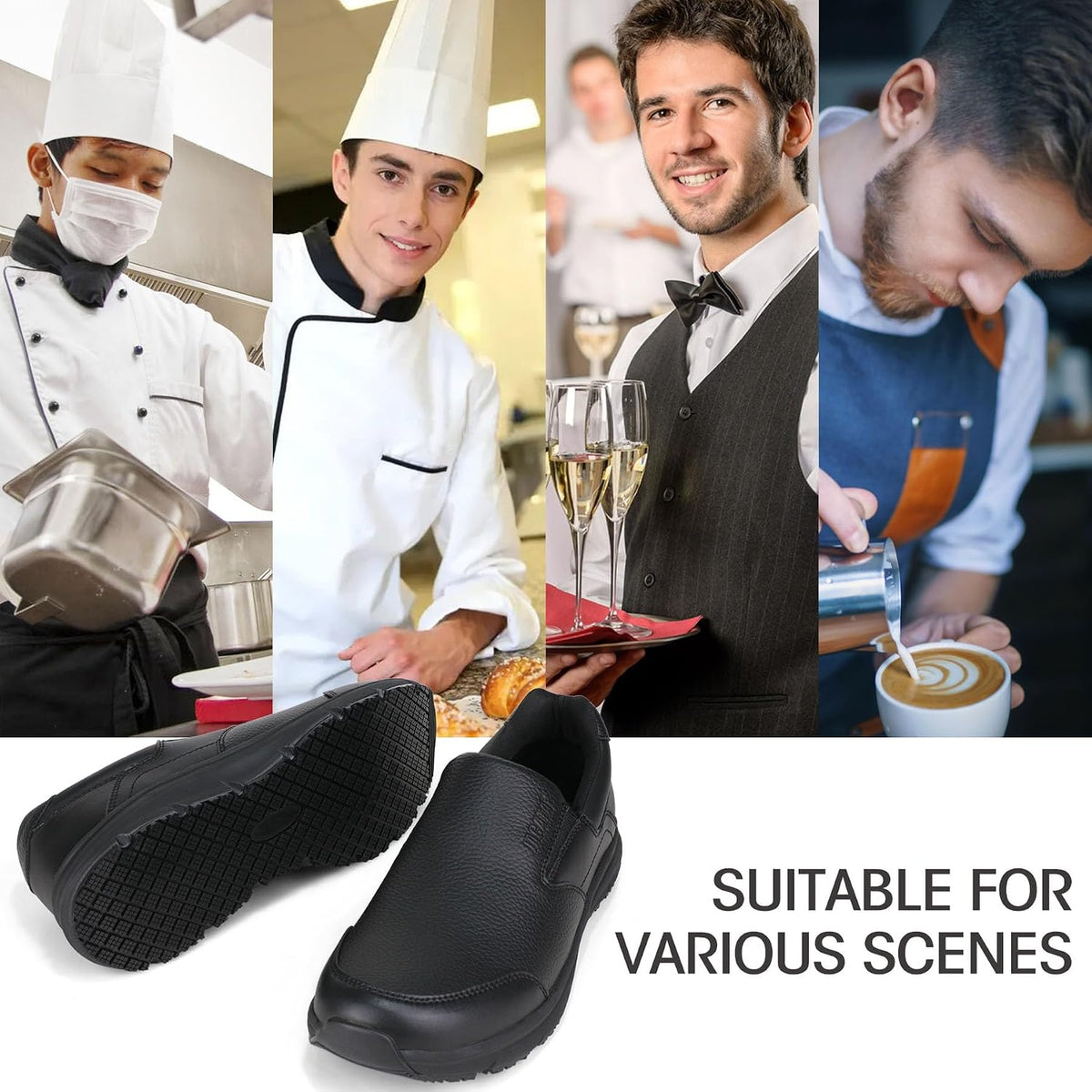 Jacata Non Slip Black Work Shoes for Men Food Service Mens Water Slip Resistant Leather Slip on Chef Walking Shoes for Restaurant Kitchen Sneakers