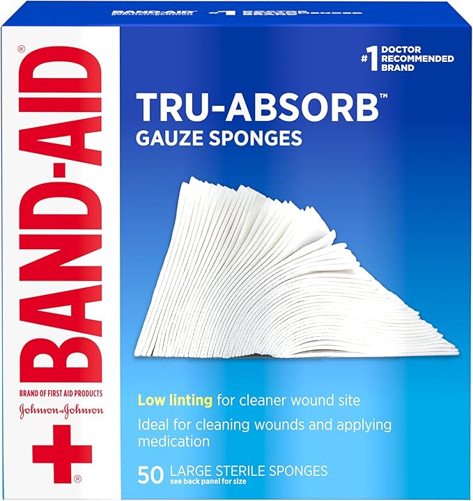 Band Aid Brand First Aid Products Tru-Absorb Sterile Gauze Sponges for Cleaning and Cushioning Minor Wounds, Cuts  Burns, Low-Lint Design, Individually Wrapped 4 in by 4 in Pads