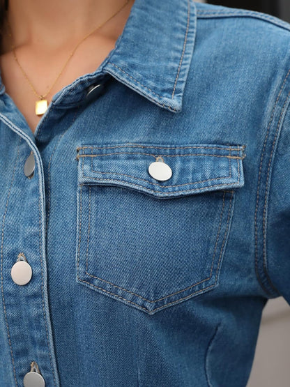 CIMUK Women's Denim Mini Dress Button Down Collared Long Sleeve A-Line Jean Dresses