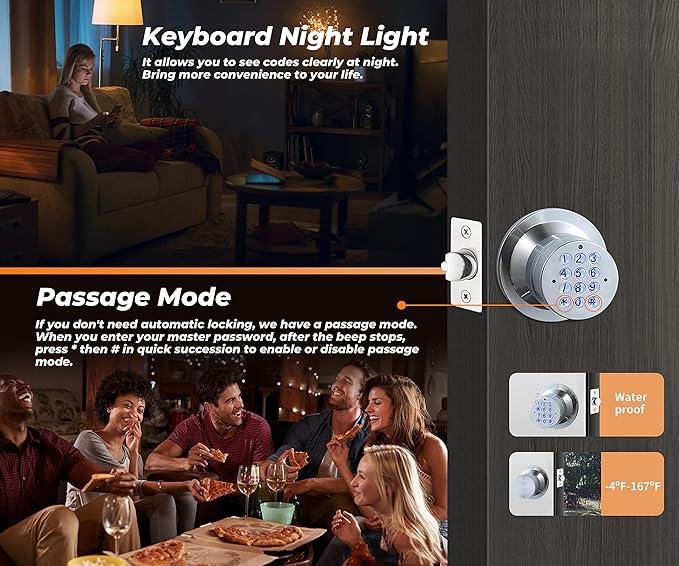 Keyless Electronic Entry Door Knob, Keypad Smart Door Knob, Interior Door Handle with Lock, Automatic Locking, Battery Backup, Backlight, Easy Installation, Great for Home, Hotel and Office