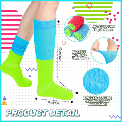 JenPen 2 Pairs Neon Slouch Socks for Women, 80s 90s Scrunch Knee High Socks Forfor 80s 90s Party Extra Long