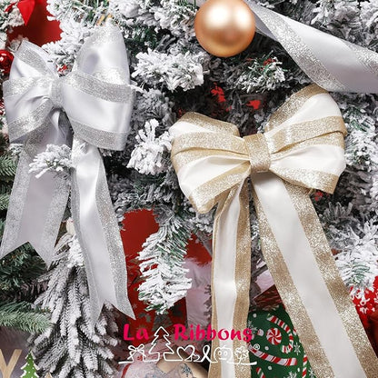 LaRibbons Glitter Wired Ribbon 2.5 Inch Wide 10 Yard Gold Metallic Satin Ribbon for Christmas Tree Garland, Wreath Bow, Craft,Gift Wrapping, Home Decor