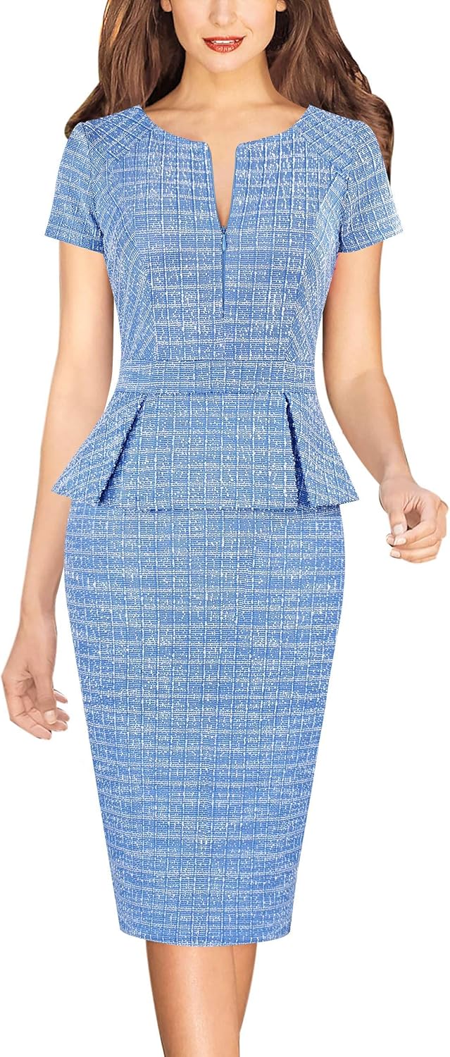 VFSHOW Womens Work Business Office Front Zipper Peplum Bodycon Dresses Elegant Short Sleeve Slim Church Pencil Sheath Dress .
