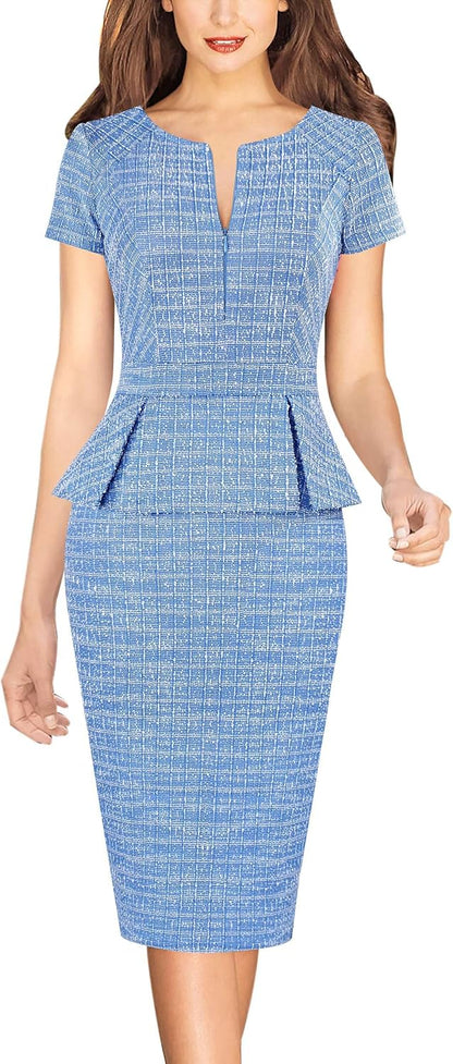 VFSHOW Womens Work Business Office Front Zipper Peplum Bodycon Dresses Elegant Short Sleeve Slim Church Pencil Sheath Dress .