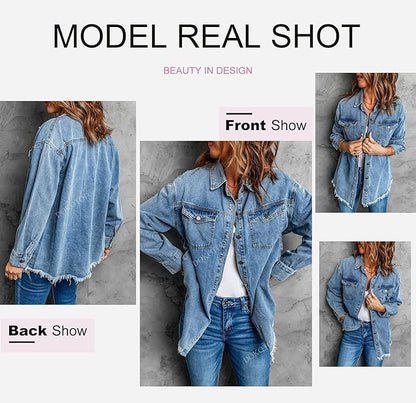 Dokotoo Women's Oversized Denim Jacket Casual Long Sleeve Denim Shirts Distresse Jean Jacket 2025 Spring Outfits