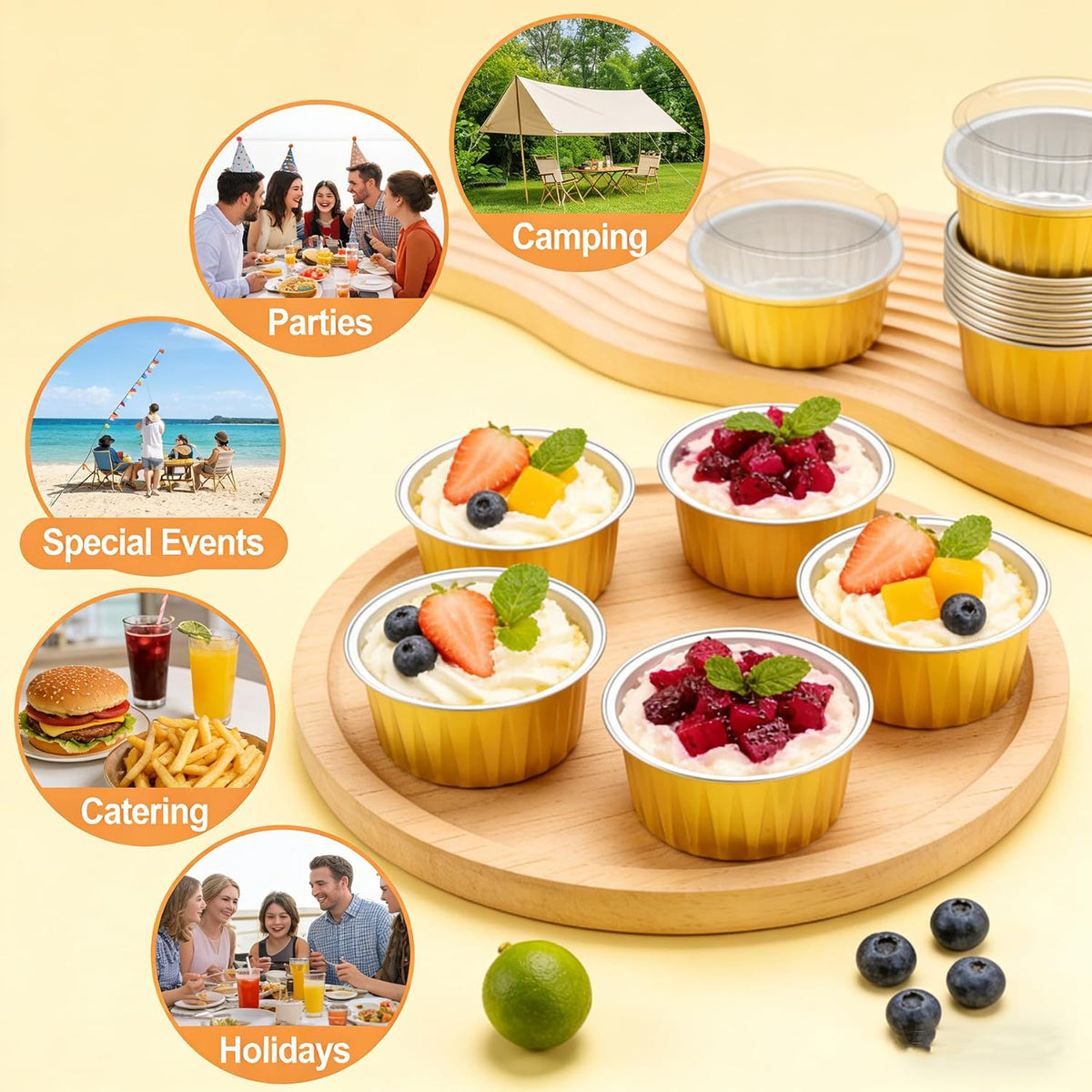 100 Pack Disposable Ramekins, No Lids Included, 5oz Golden Mini Cupcake Tins, Aluminium Foil Baking Cups for Muffin Tart Pie Tin Pan Holder for Party Favor Birthday Wedding (No Lids Included)