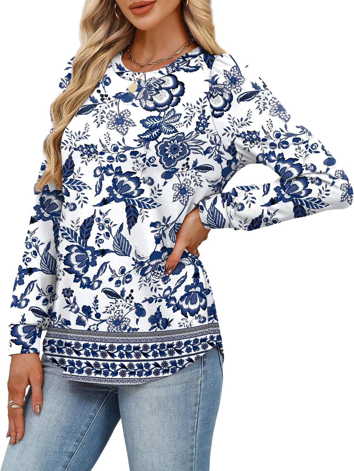 Womens Long Sleeve Shirts 2025 Fall Tunic Tops Crewneck Blouses Print