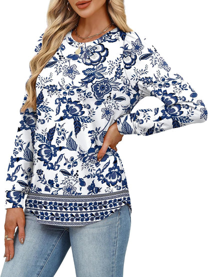 Womens Long Sleeve Shirts 2025 Fall Tunic Tops Crewneck Blouses Print