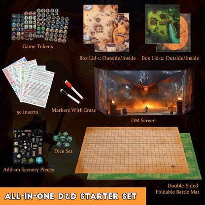 CZYY RPG Starter Set, Foldable Battle Mat, DM Screen, Game Tokens & Dice 2-Sided Wet & Dry Erase Terrain Map, Scenery Pieces & Marker Pens, DND Starter Accessories, Gift for Player & Dungeon Master