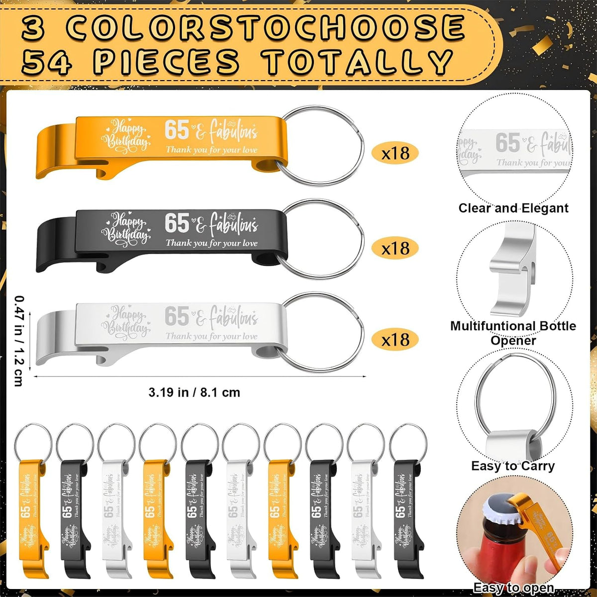 54 Sets 65th Birthday Party Favors for Guests Birthday Beer Opener Keychain Cheers to 65 Bottle Opener Keychain with Thank You Cards and Gift Bags for Anniversary Wedding Party Favors